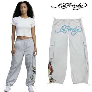 ED HARDY Butterflies Poplin Cargo‎ Pant Light Grey Size L  EHW8002-6 NWT 0697